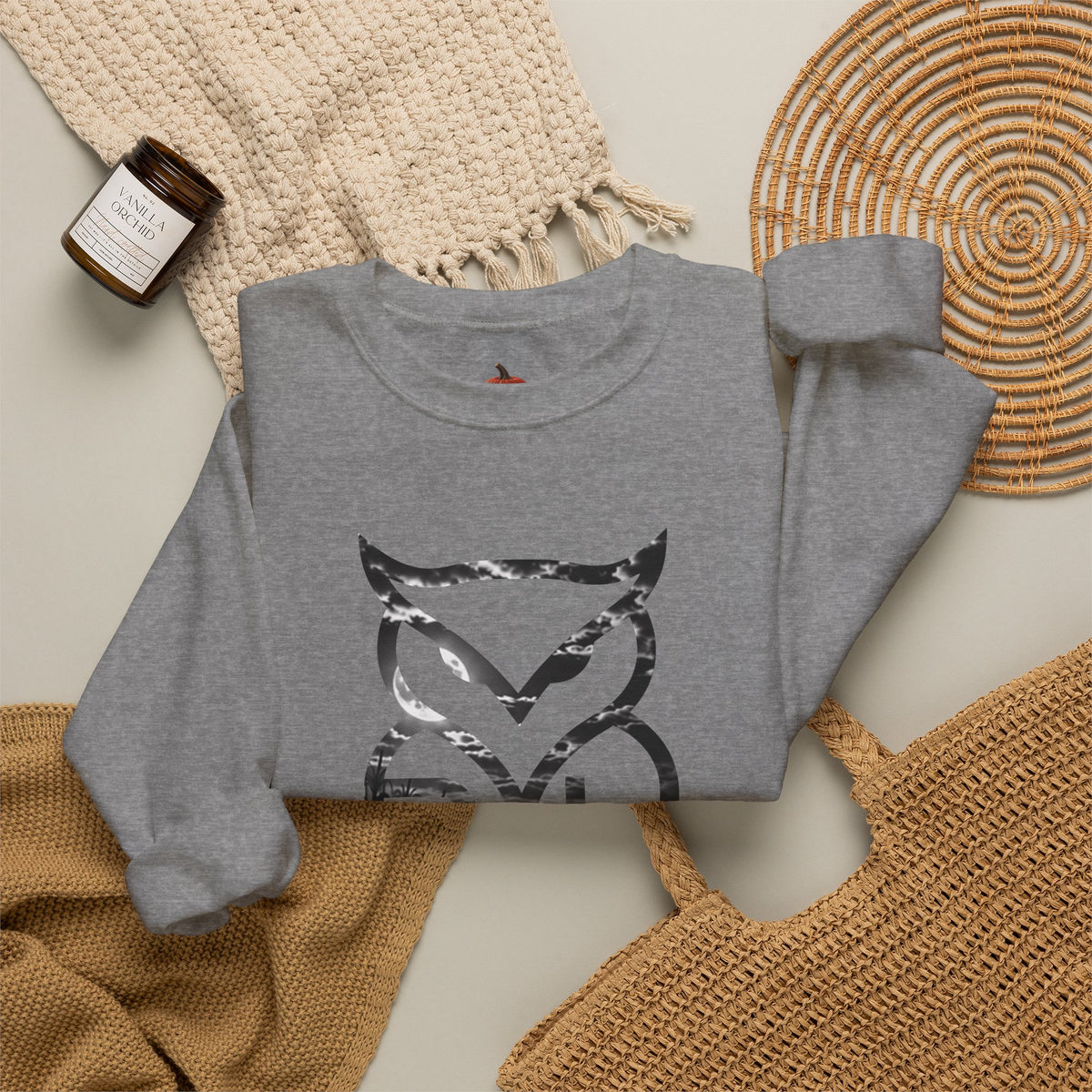 Rare Lab Owl Lantern crewneck sweatshirt: glowing Rare Lab owl jack-o'-lantern on the front, moonlit pumpkin patch scene on the back