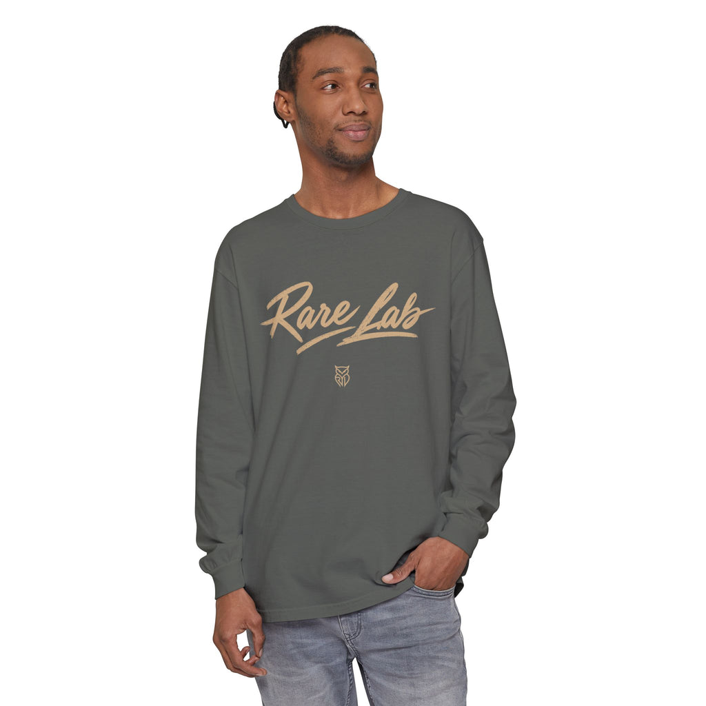 Rare Lab Script Logo garment-dyed long sleeve tee with the Rare Lab script logo