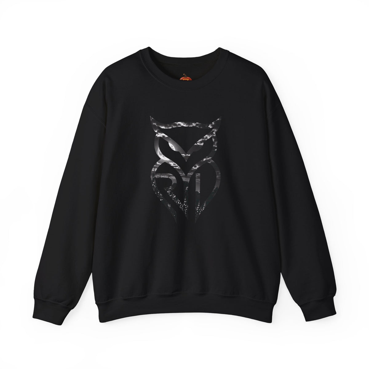 Rare Lab Owl Lantern crewneck sweatshirt: glowing Rare Lab owl jack-o'-lantern on the front, moonlit pumpkin patch scene on the back