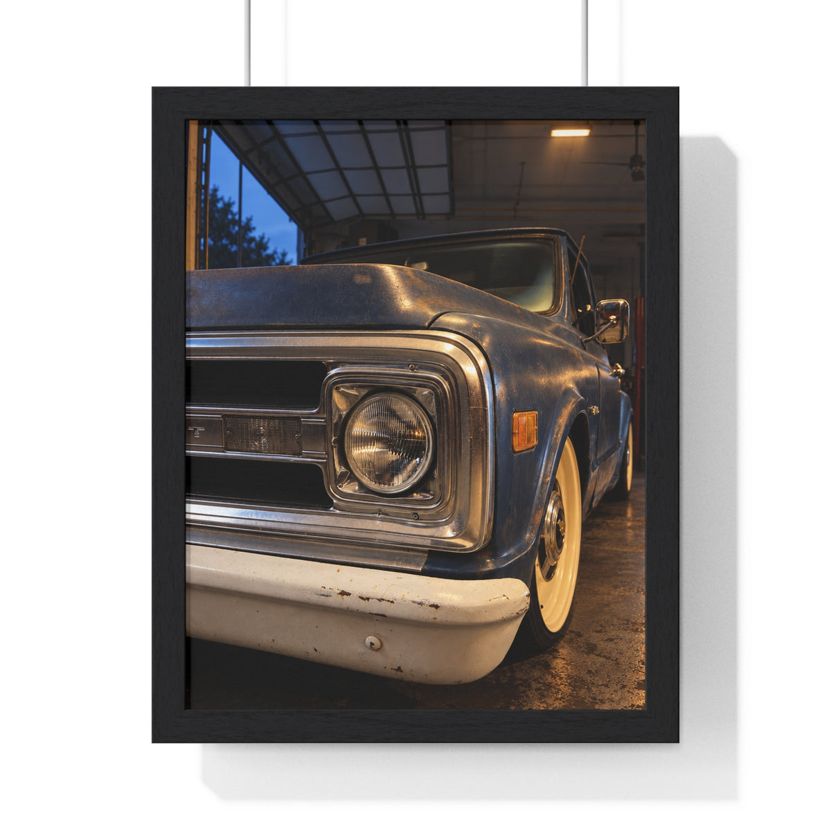 Rare Lab Vintage Blue Truck framed poster: close-up of a classic truck's headlight, bumper and whitewall tire