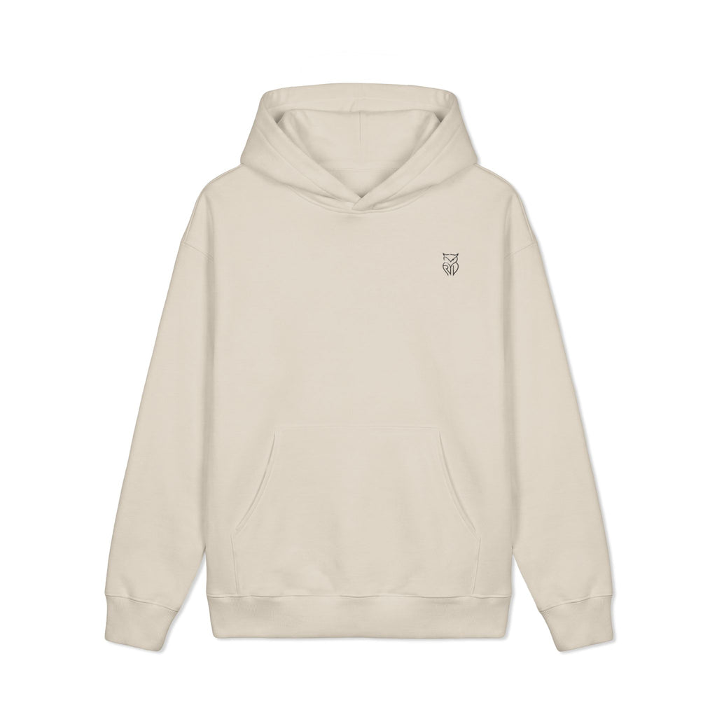 Rare Lab Midnight Owl heavyweight hoodie with a small moonlit, night-sky-filled Rare Lab owl logo on the chest