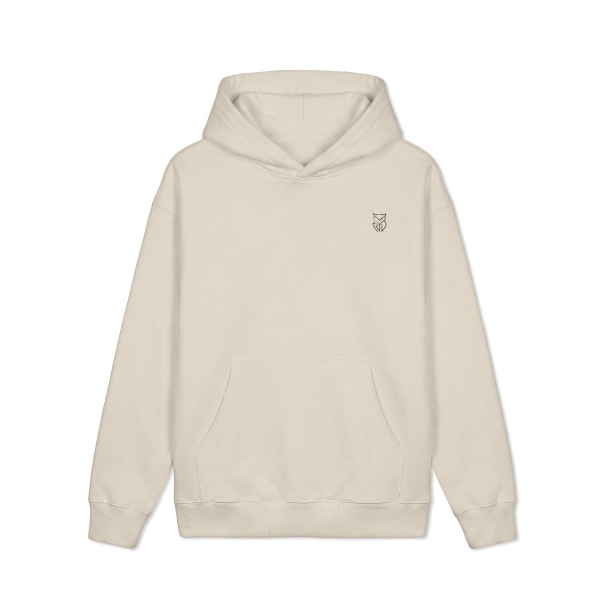 Rare Lab Midnight Owl heavyweight hoodie with a small moonlit, night-sky-filled Rare Lab owl logo on the chest