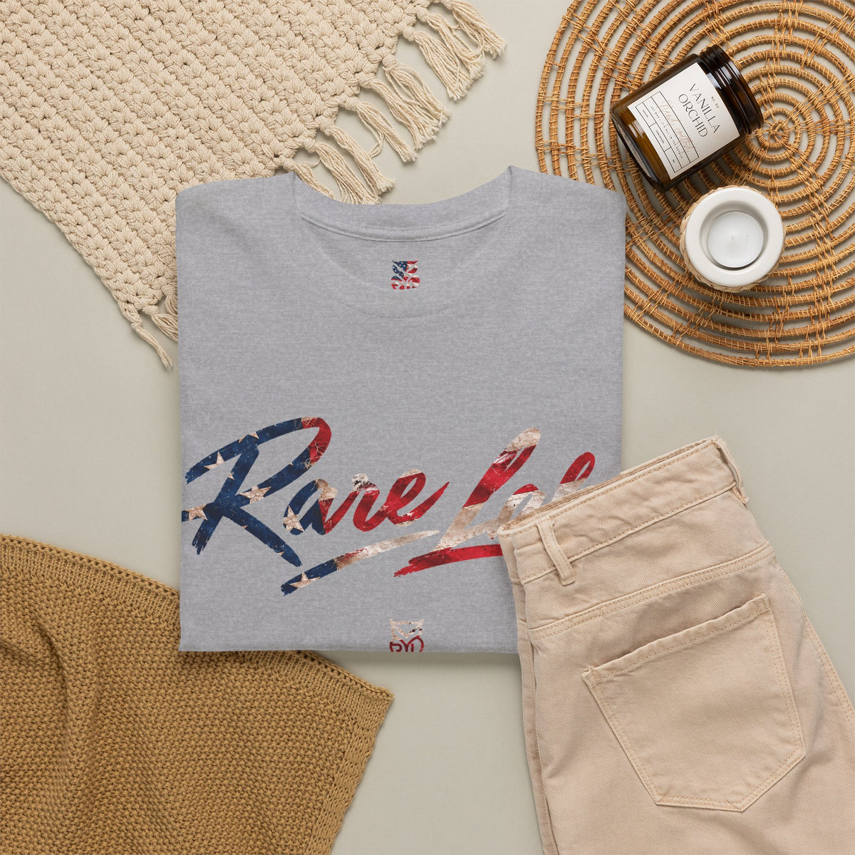 Rare Lab Brush Stroke American Flag tee: faded brush stroke logo in flag colors across the chest
