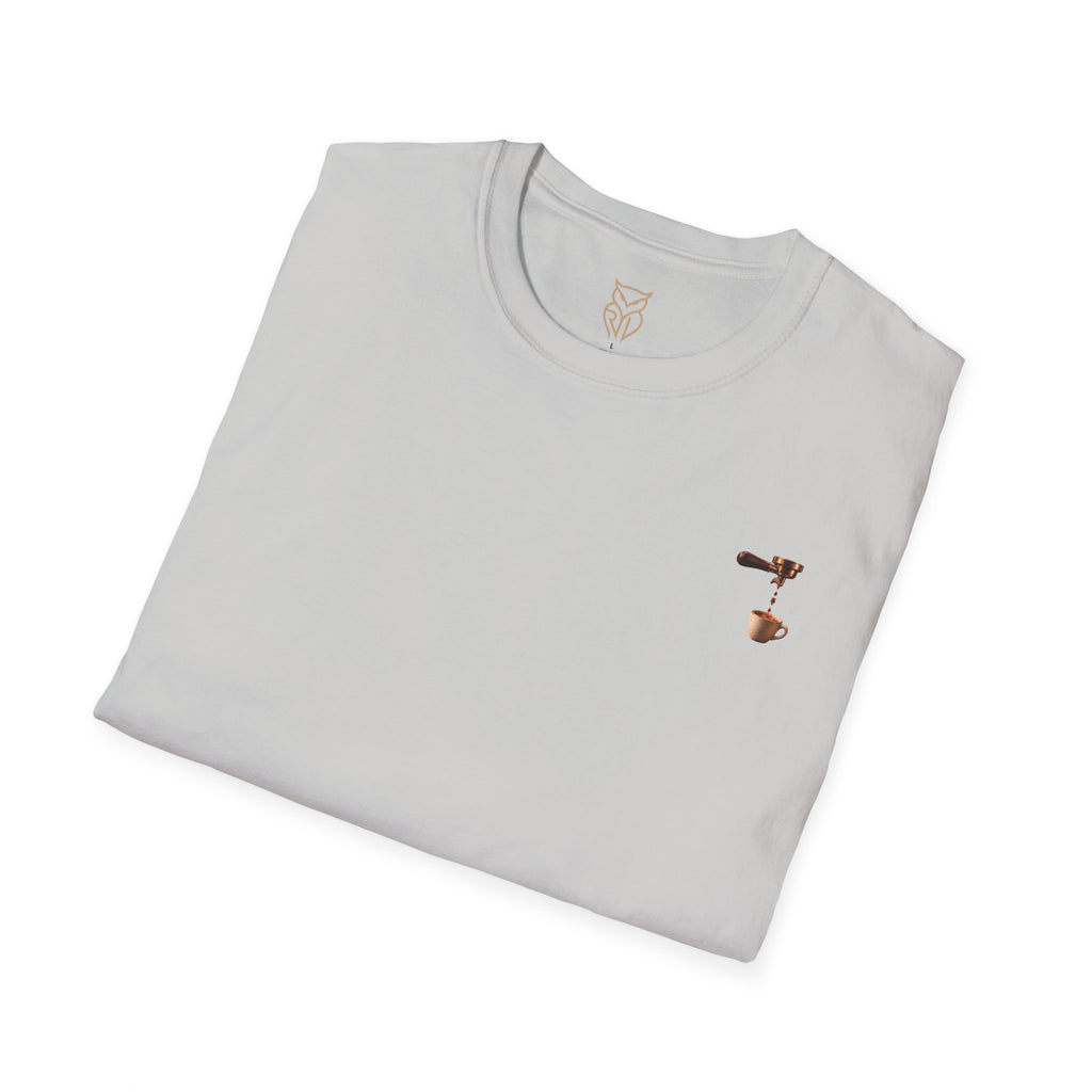 Rare Lab Espresso Drip tee: small Rare Lab Drip espresso design on the chest