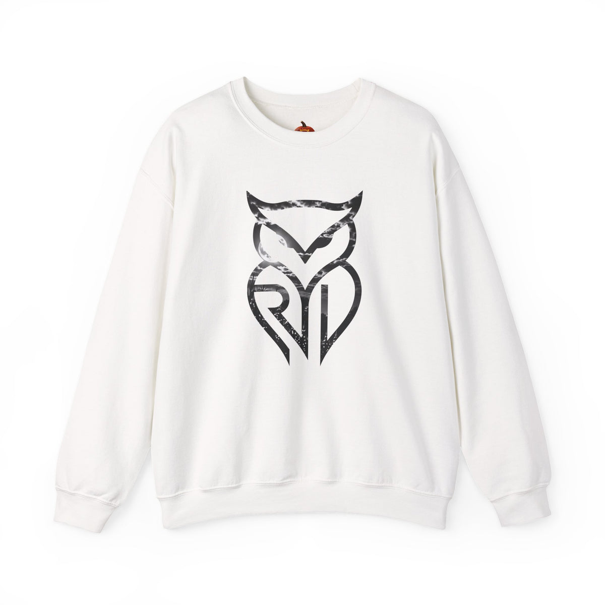 Rare Lab Owl Lantern crewneck sweatshirt: glowing Rare Lab owl jack-o'-lantern on the front, moonlit pumpkin patch scene on the back
