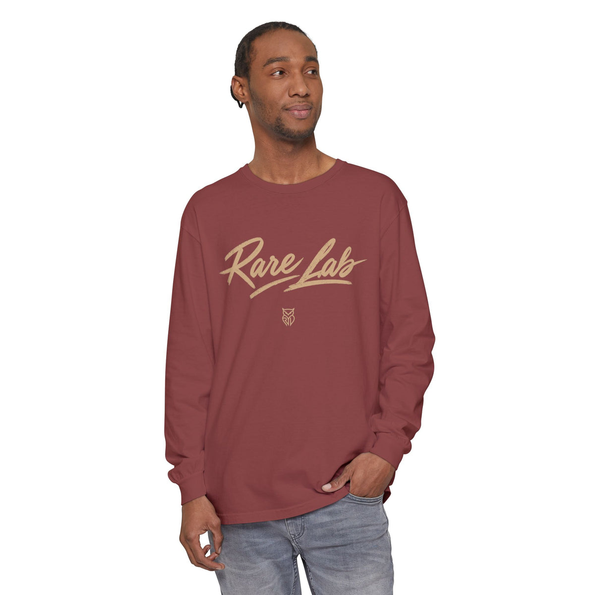 Rare Lab Script Logo garment-dyed long sleeve tee with the Rare Lab script logo