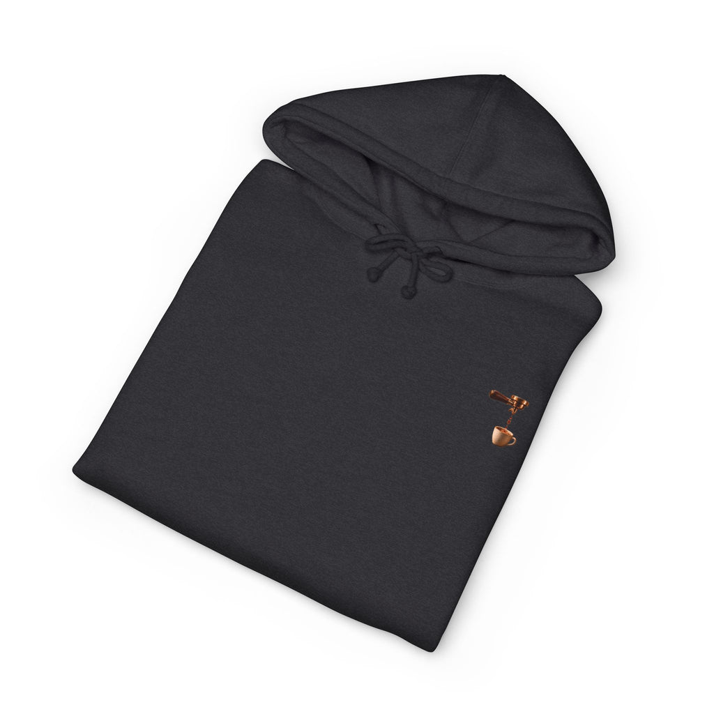 Rare Lab Espresso Drip heavyweight hoodie: espresso drip with one drop shaped like the Rare Lab owl