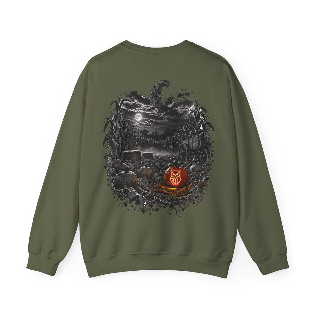 Rare Lab Owl Lantern crewneck sweatshirt: glowing Rare Lab owl jack-o'-lantern on the front, moonlit pumpkin patch scene on the back