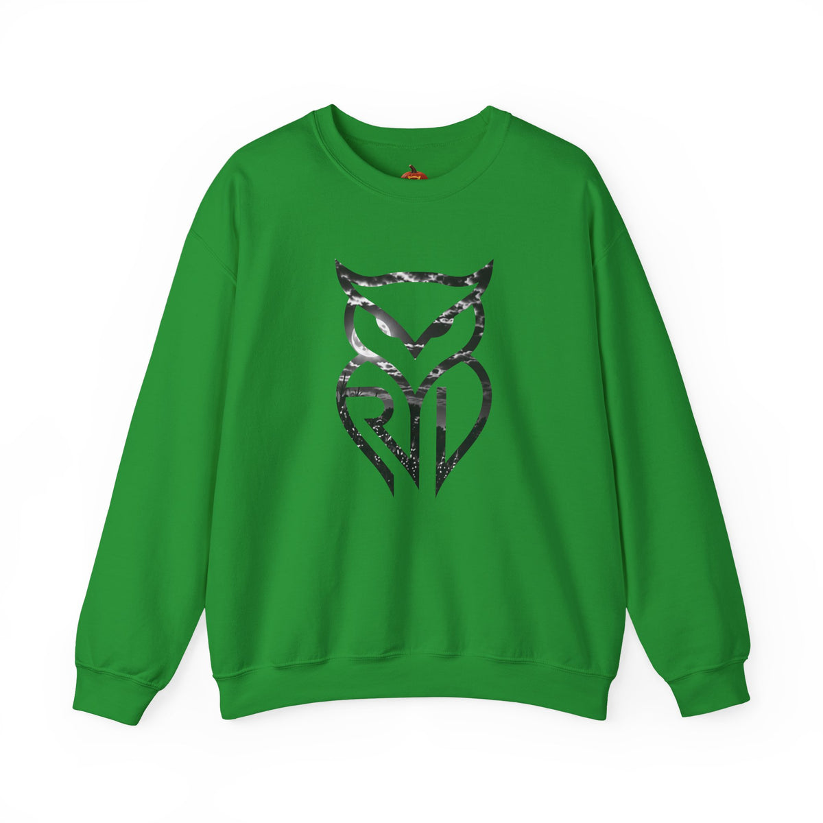 Rare Lab Owl Lantern crewneck sweatshirt: glowing Rare Lab owl jack-o'-lantern on the front, moonlit pumpkin patch scene on the back