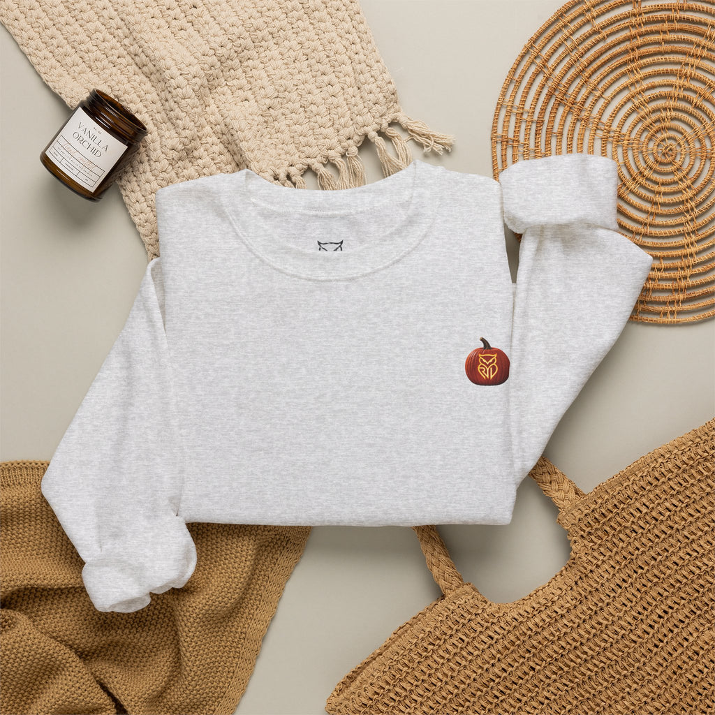 Rare Lab After Dark crewneck sweatshirt: small glowing Rare Lab owl jack-o'-lantern on the chest, C10 truck with owl jack-o'-lantern headlights on the back