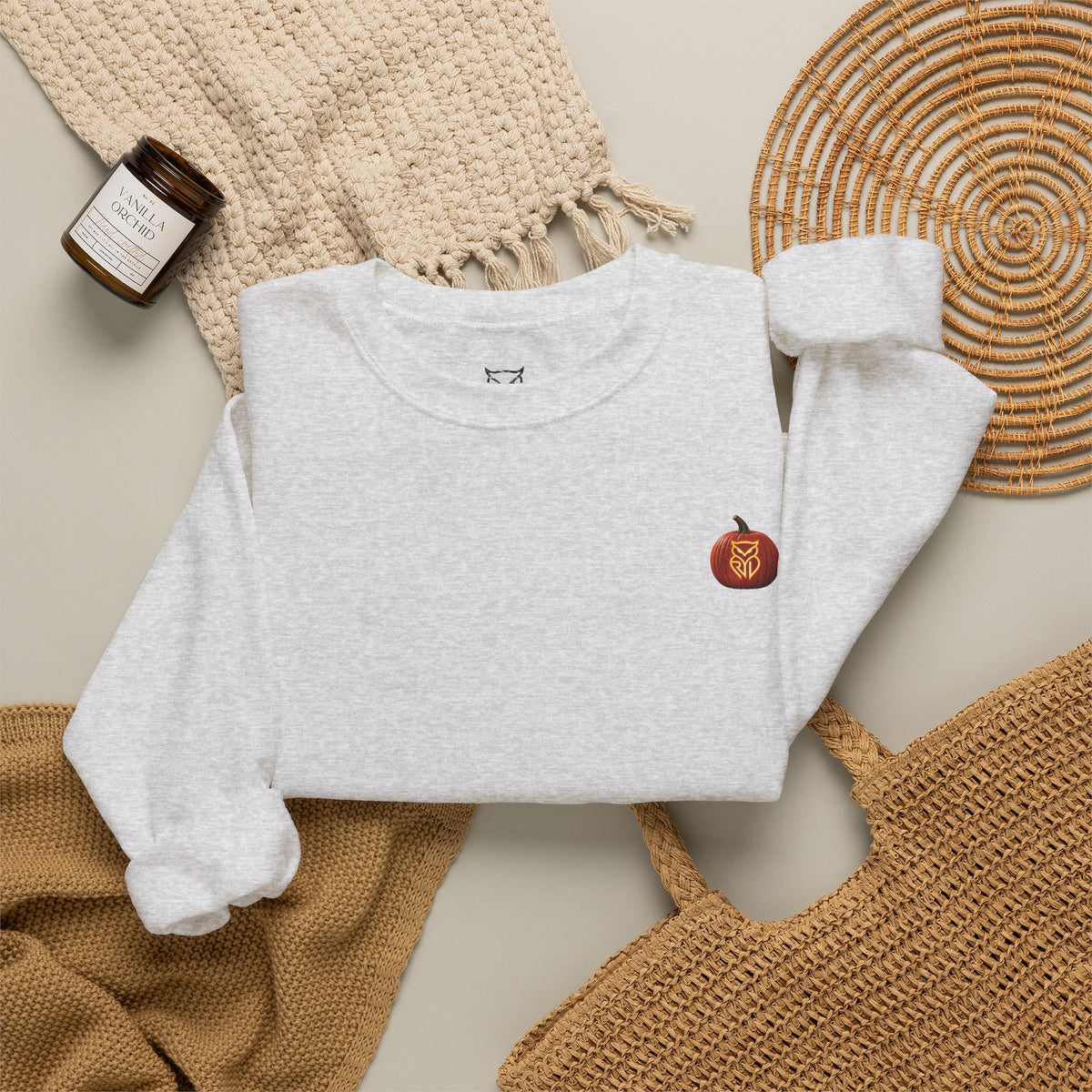 Rare Lab After Dark crewneck sweatshirt: small glowing Rare Lab owl jack-o'-lantern on the chest, C10 truck with owl jack-o'-lantern headlights on the back