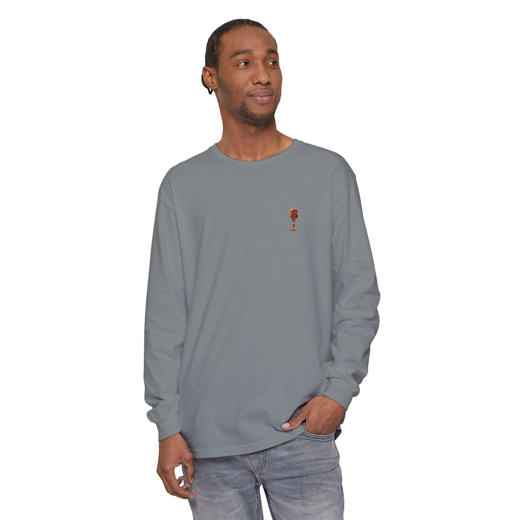 Rare Lab Drip Owl long sleeve tee: Rare Lab owl in glossy amber with an espresso drop, on the left chest