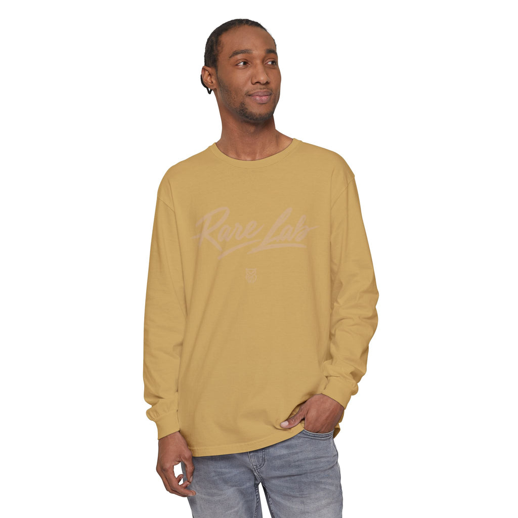 Rare Lab Script Logo garment-dyed long sleeve tee with the Rare Lab script logo