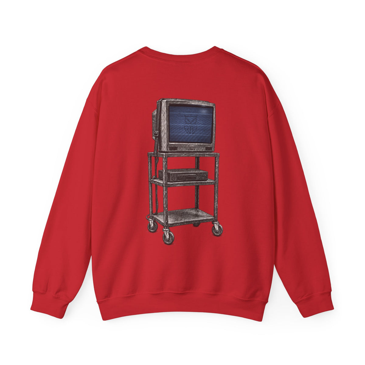 Rare Lab Retro TV Cart crewneck: small owl logo on the chest, faded TV on a rolling cart on the back