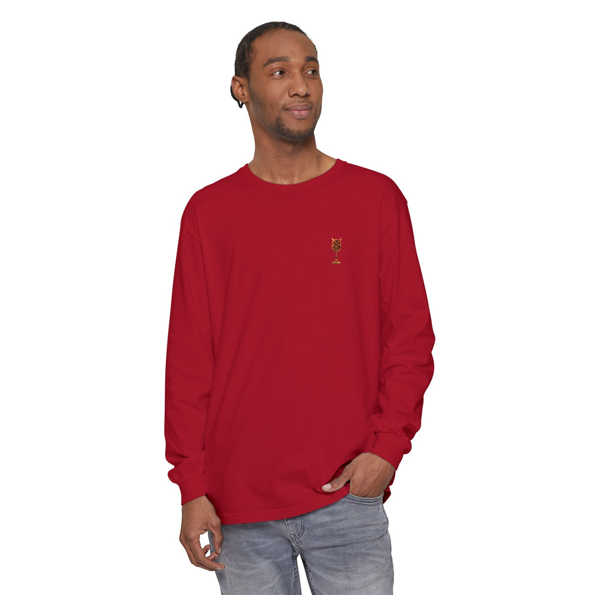 Rare Lab Drip Owl long sleeve tee: Rare Lab owl in glossy amber with an espresso drop, on the left chest