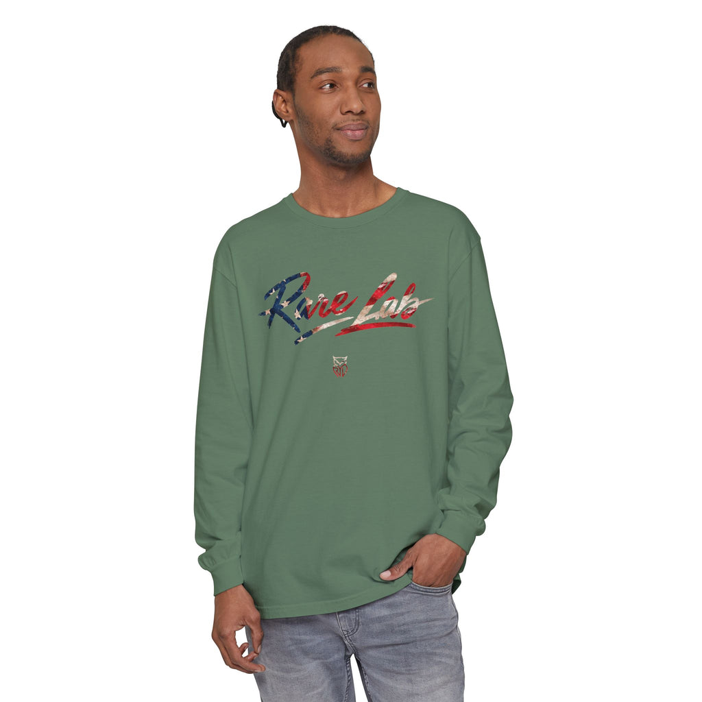 Rare Lab Brush Stroke American Flag long sleeve tee: brush stroke flag script across the chest