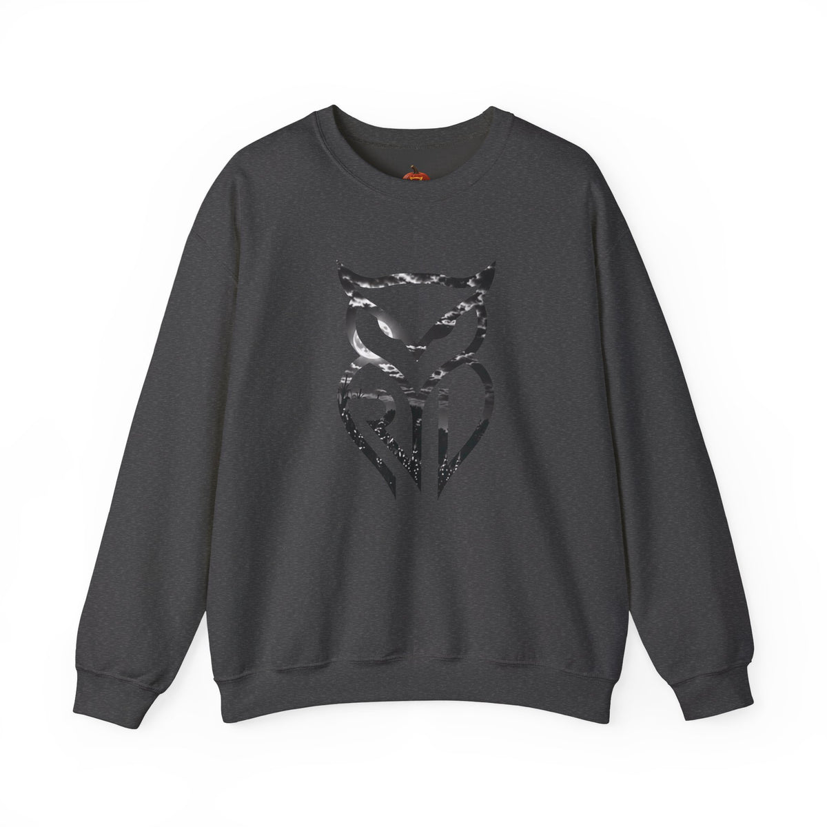 Rare Lab Owl Lantern crewneck sweatshirt: glowing Rare Lab owl jack-o'-lantern on the front, moonlit pumpkin patch scene on the back