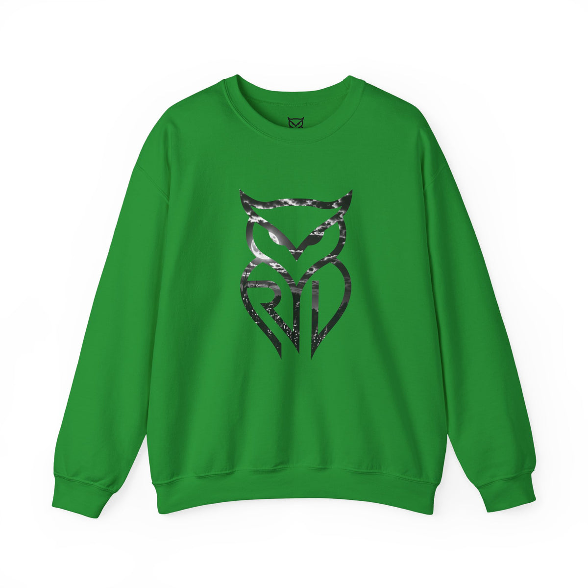 Rare Lab Midnight Owl crewneck in Irish Green: large night-sky owl on the front, C10 truck under a full moon on the back