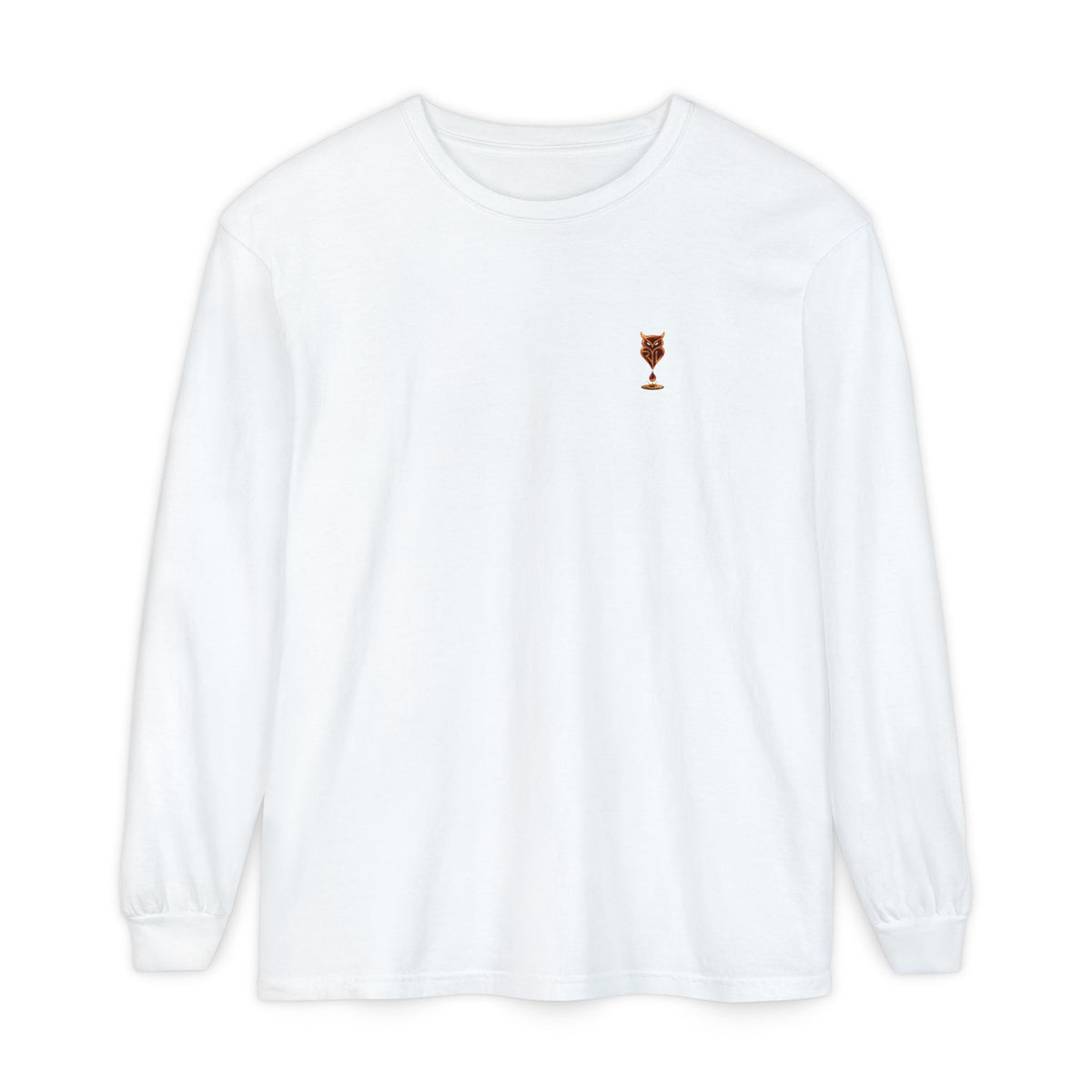 Rare Lab Drip Owl long sleeve tee: Rare Lab owl in glossy amber with an espresso drop, on the left chest