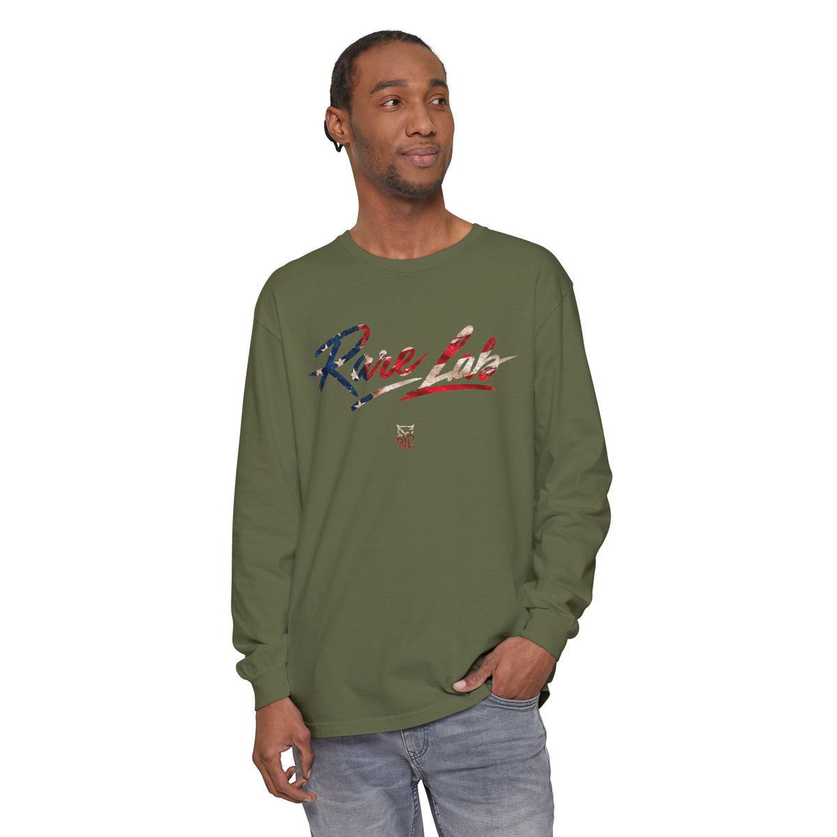 Rare Lab Brush Stroke American Flag long sleeve tee: brush stroke flag script across the chest