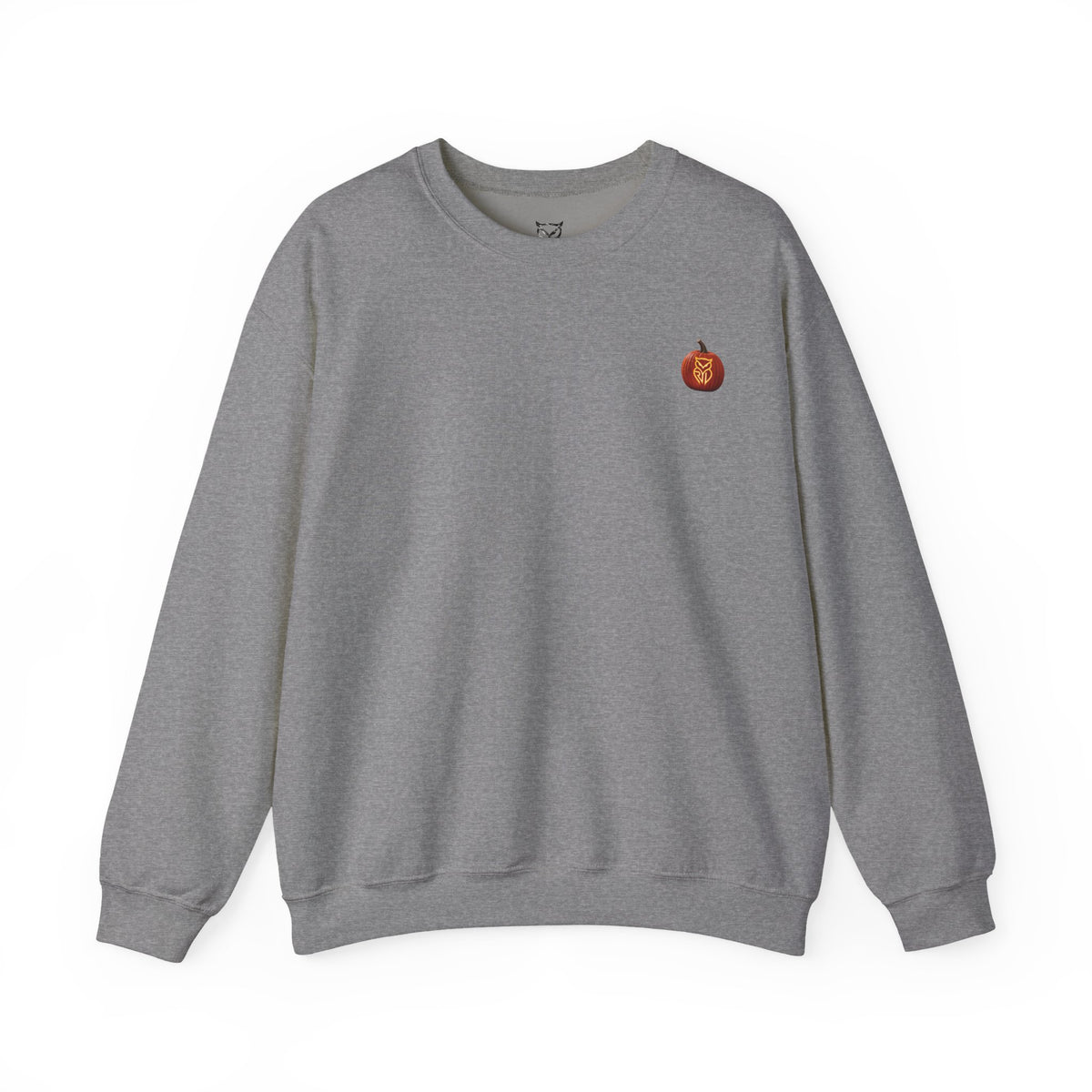 Rare Lab After Dark crewneck sweatshirt: small glowing Rare Lab owl jack-o'-lantern on the chest, C10 truck with owl jack-o'-lantern headlights on the back