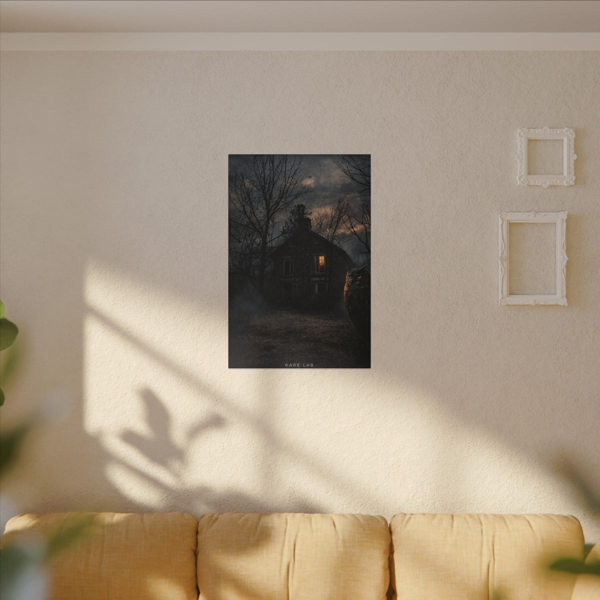 Rare Lab Night Watch canvas: a dark house with one warm window, framed by bare trees at night