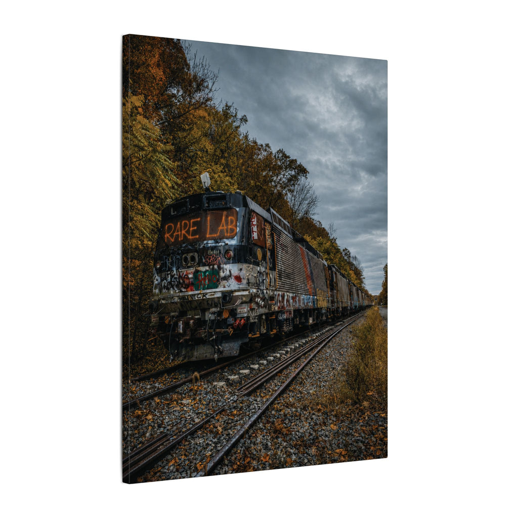 Rare Lab Graffiti Train canvas: a graffiti-covered train under a brooding sky with golden autumn trees