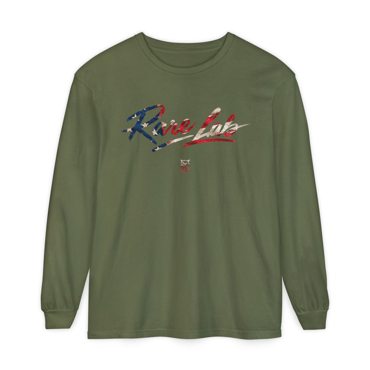 Rare Lab Brush Stroke American Flag long sleeve tee: brush stroke flag script across the chest