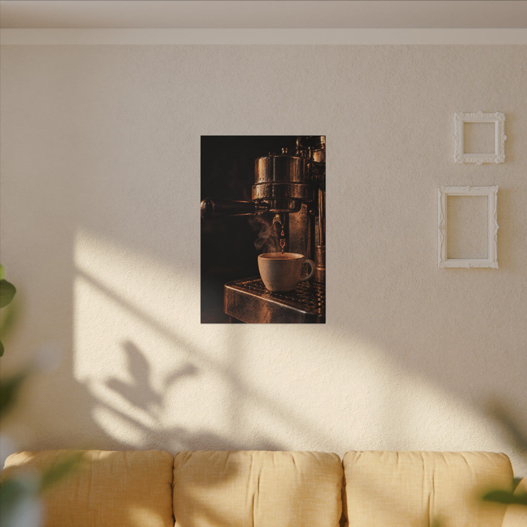 Rare Lab Drip espresso machine canvas: a slow espresso pour and a steaming cup in warm amber tones