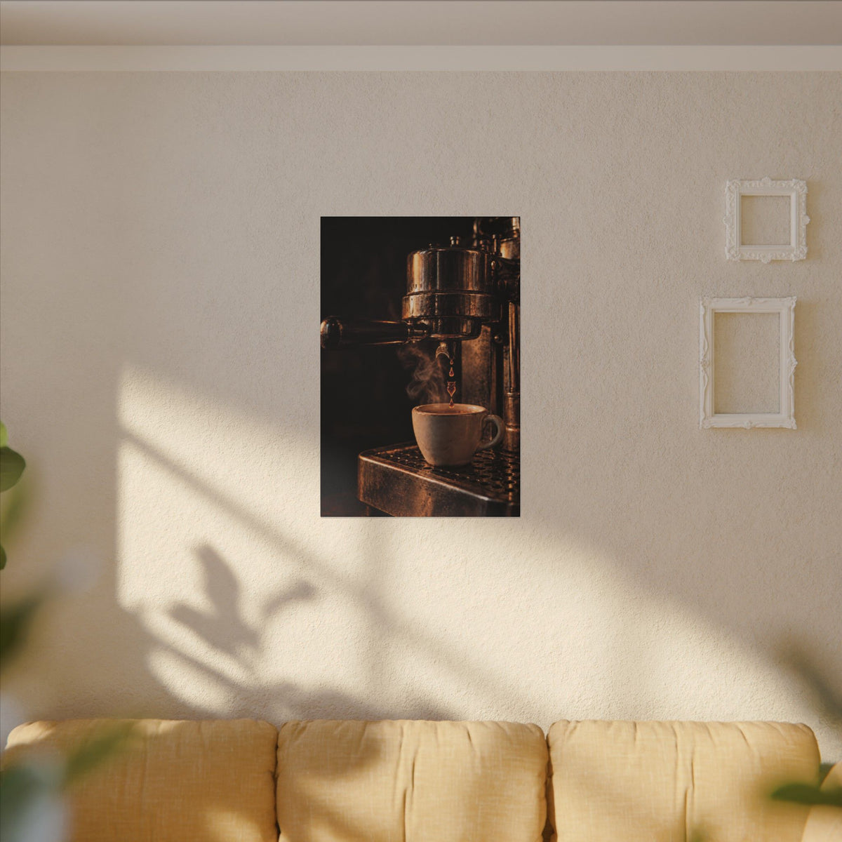 Rare Lab Drip espresso machine canvas: a slow espresso pour and a steaming cup in warm amber tones