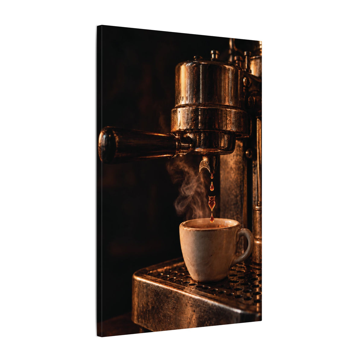 Rare Lab Drip espresso machine canvas: a slow espresso pour and a steaming cup in warm amber tones