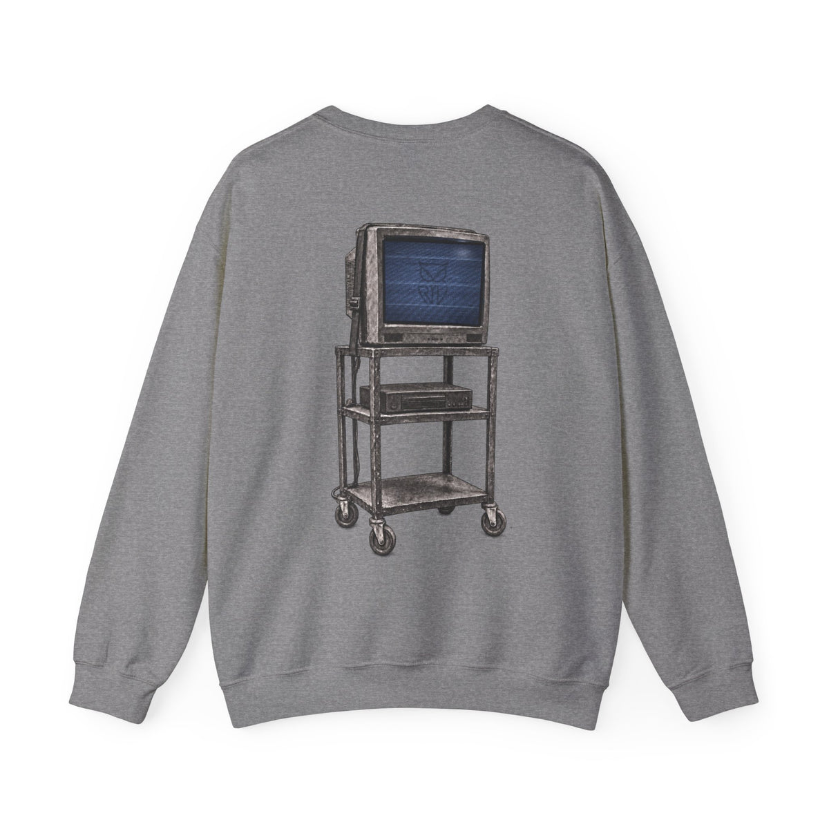Rare Lab Retro TV Cart crewneck: small owl logo on the chest, faded TV on a rolling cart on the back