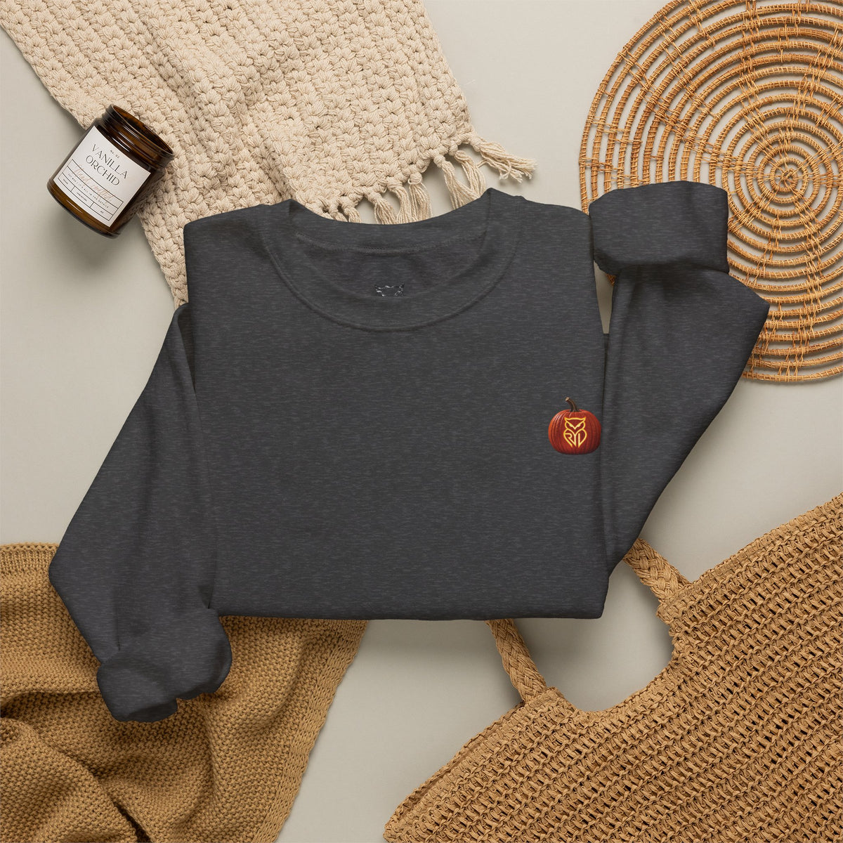Rare Lab After Dark crewneck sweatshirt: small glowing Rare Lab owl jack-o'-lantern on the chest, C10 truck with owl jack-o'-lantern headlights on the back
