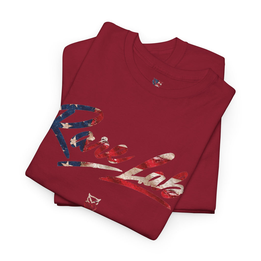 Rare Lab Brush Stroke American Flag tee: faded brush stroke logo in flag colors across the chest