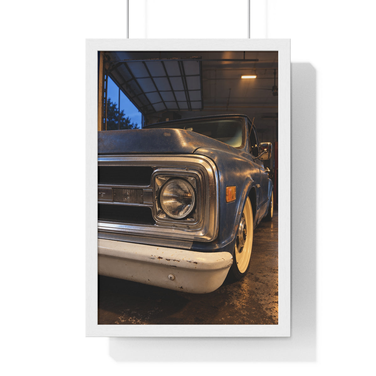 Rare Lab Vintage Blue Truck framed poster: close-up of a classic truck's headlight, bumper and whitewall tire