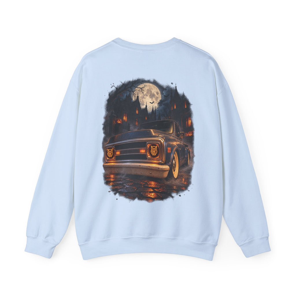 Rare Lab After Dark Midnight crewneck in Maroon: small night-sky owl on the chest, C10 truck under a full moon on the back