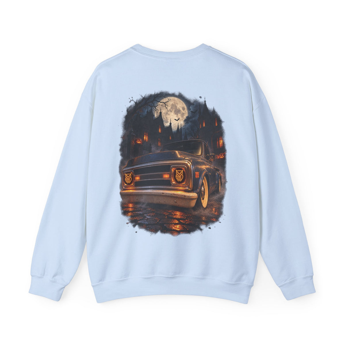 Rare Lab After Dark Midnight crewneck in Maroon: small night-sky owl on the chest, C10 truck under a full moon on the back