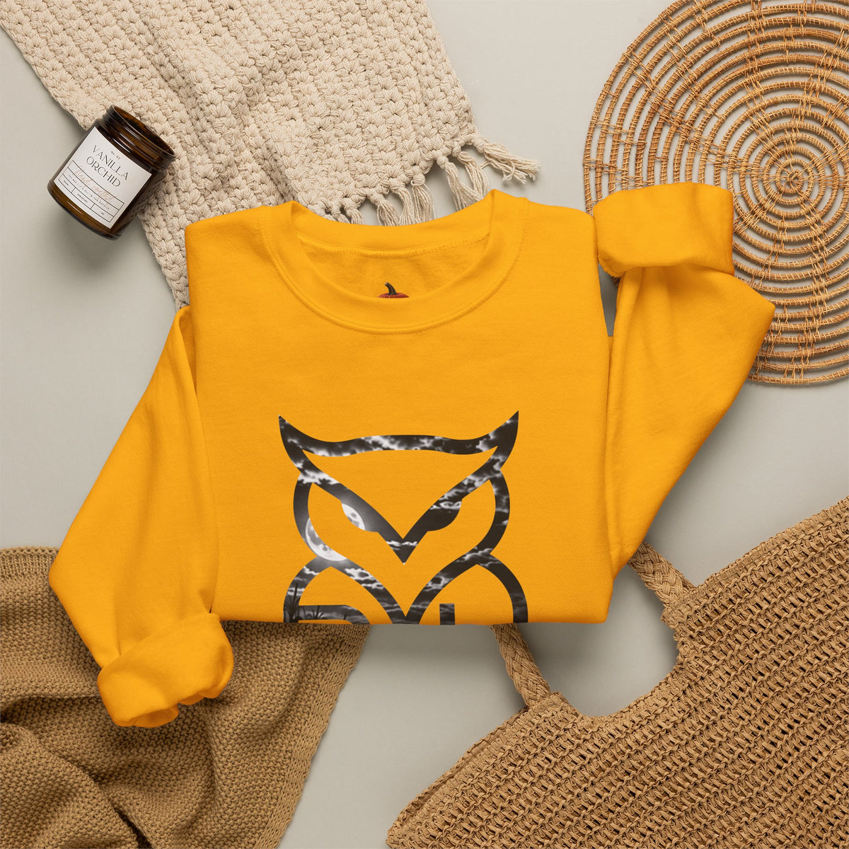 Rare Lab Owl Lantern crewneck sweatshirt: glowing Rare Lab owl jack-o'-lantern on the front, moonlit pumpkin patch scene on the back
