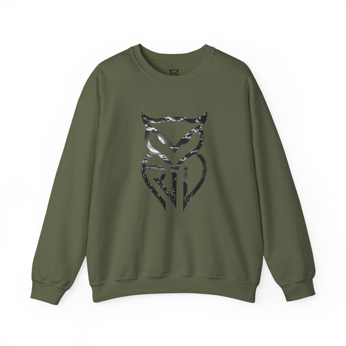 Rare Lab Midnight Owl crewneck in Military Green: large night-sky owl on the front, C10 truck under a full moon on the back