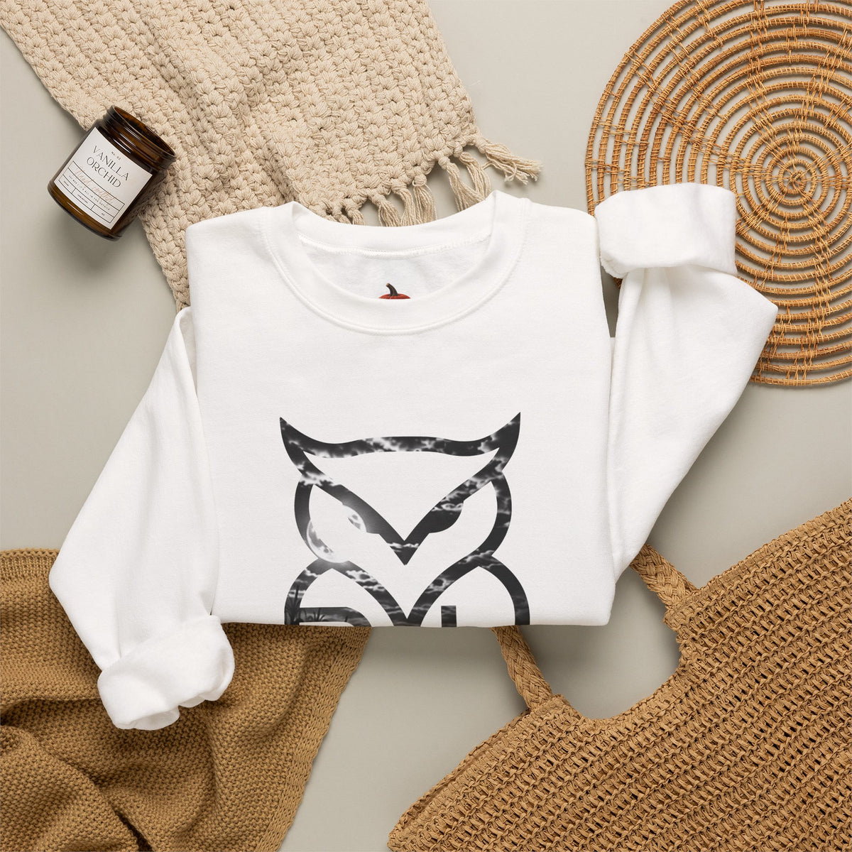 Rare Lab Owl Lantern crewneck sweatshirt: glowing Rare Lab owl jack-o'-lantern on the front, moonlit pumpkin patch scene on the back