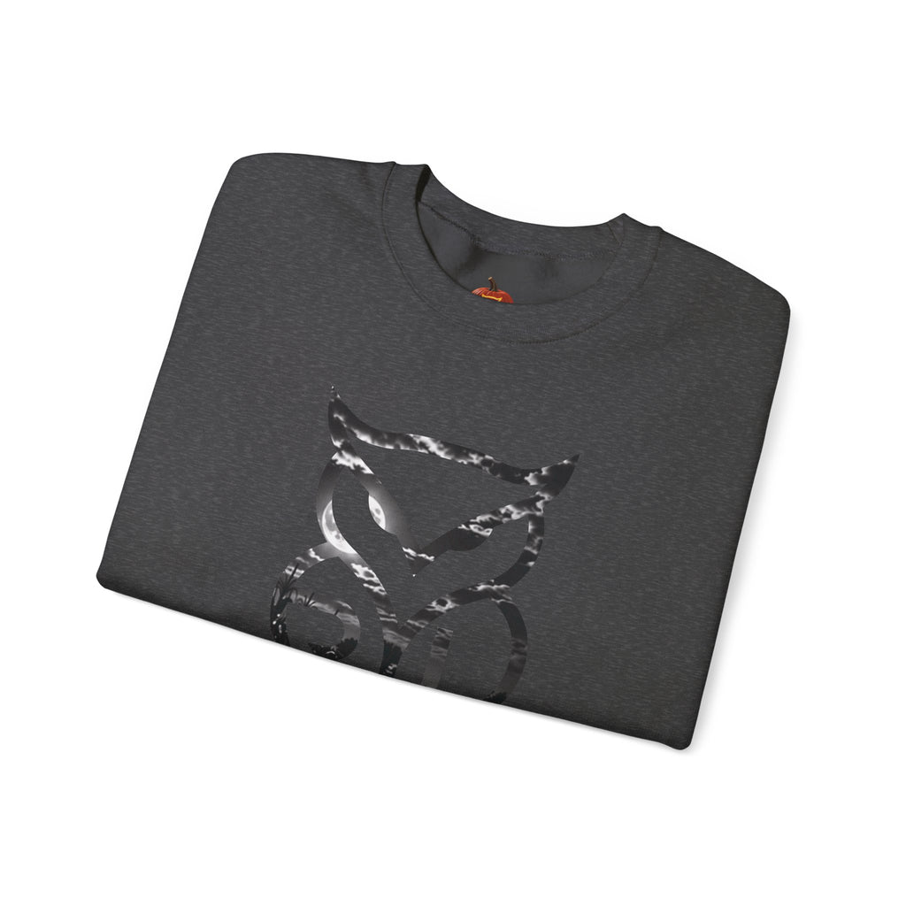 Rare Lab Owl Lantern crewneck sweatshirt: glowing Rare Lab owl jack-o'-lantern on the front, moonlit pumpkin patch scene on the back