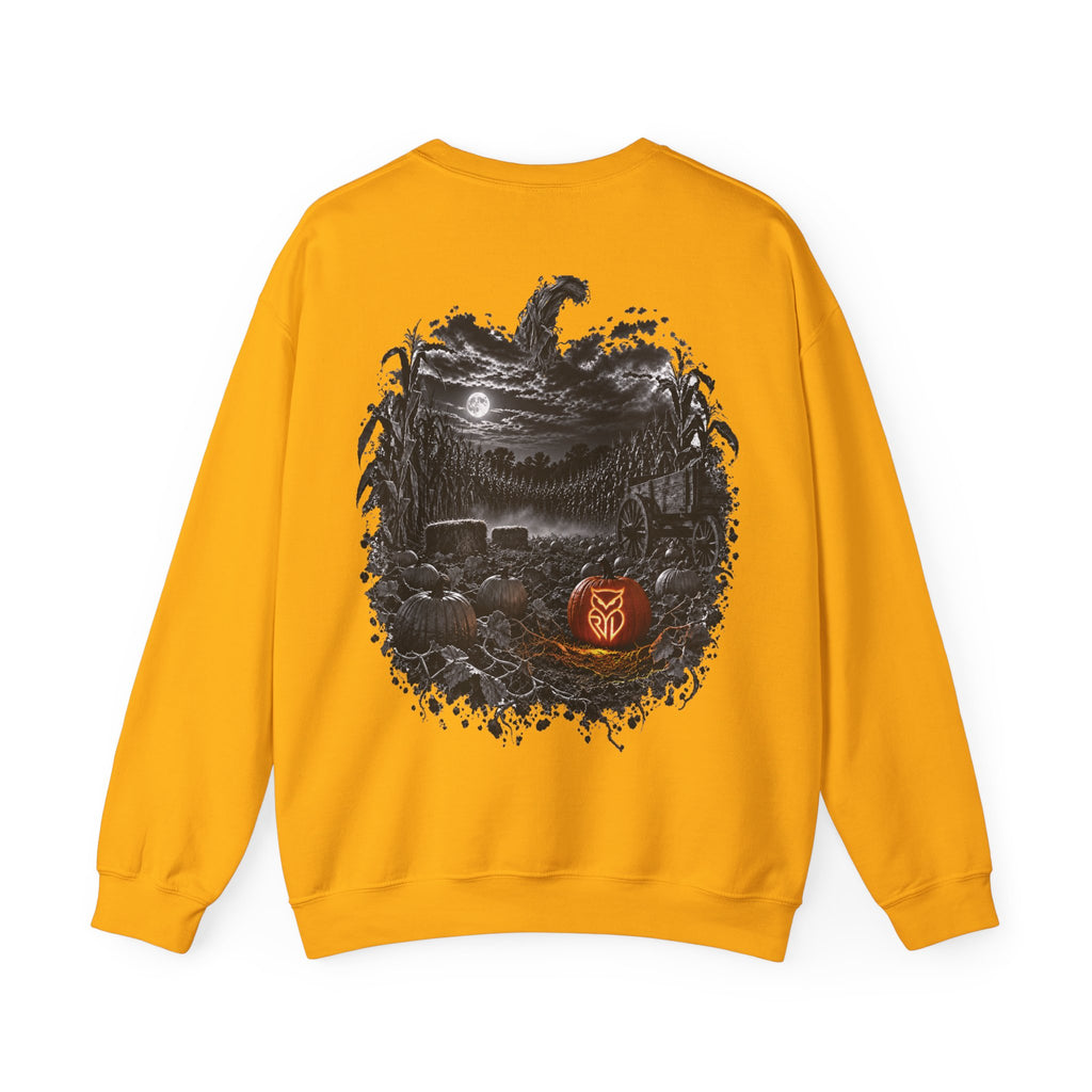 Rare Lab Owl Lantern crewneck sweatshirt: glowing Rare Lab owl jack-o'-lantern on the front, moonlit pumpkin patch scene on the back