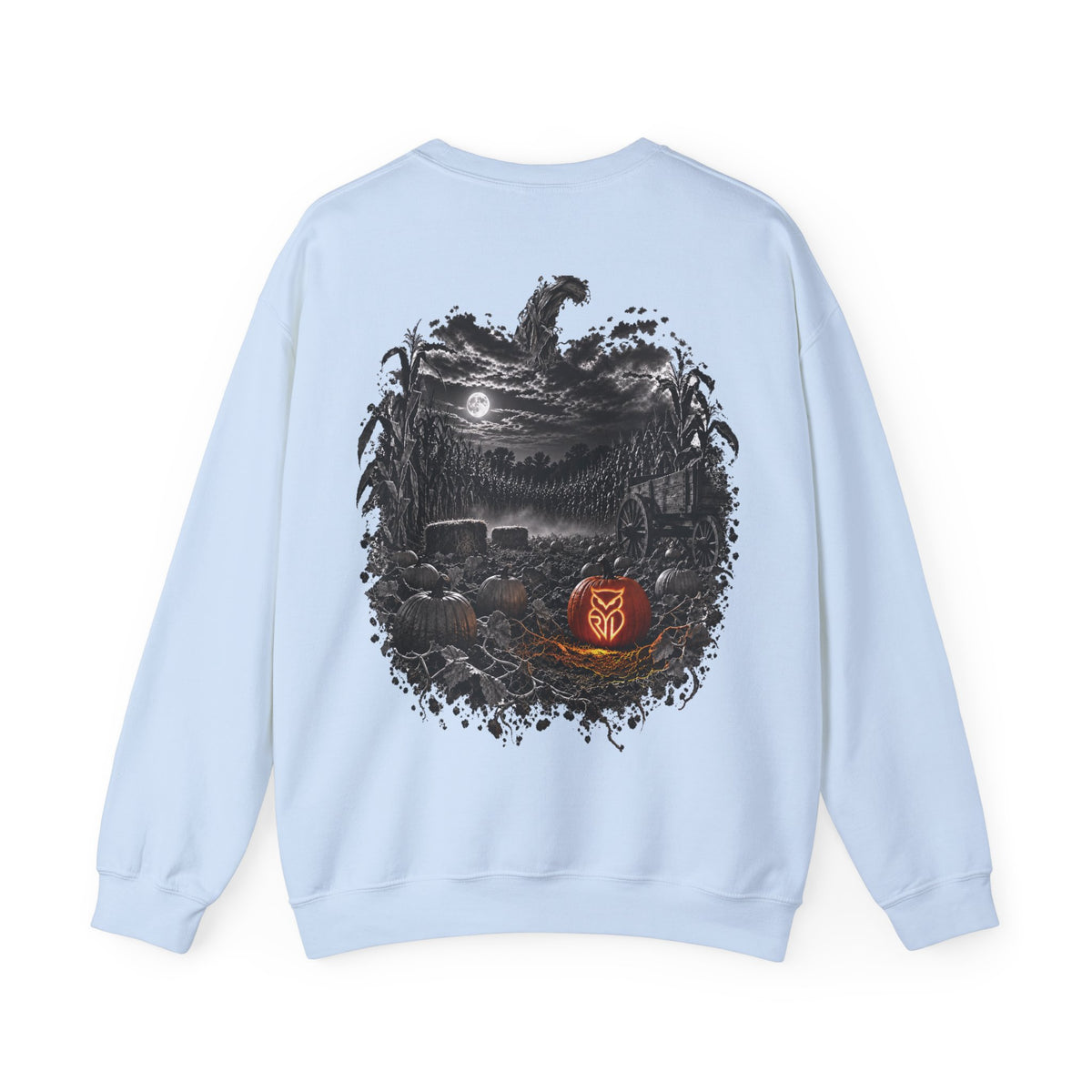 Rare Lab Owl Lantern crewneck sweatshirt: glowing Rare Lab owl jack-o'-lantern on the front, moonlit pumpkin patch scene on the back