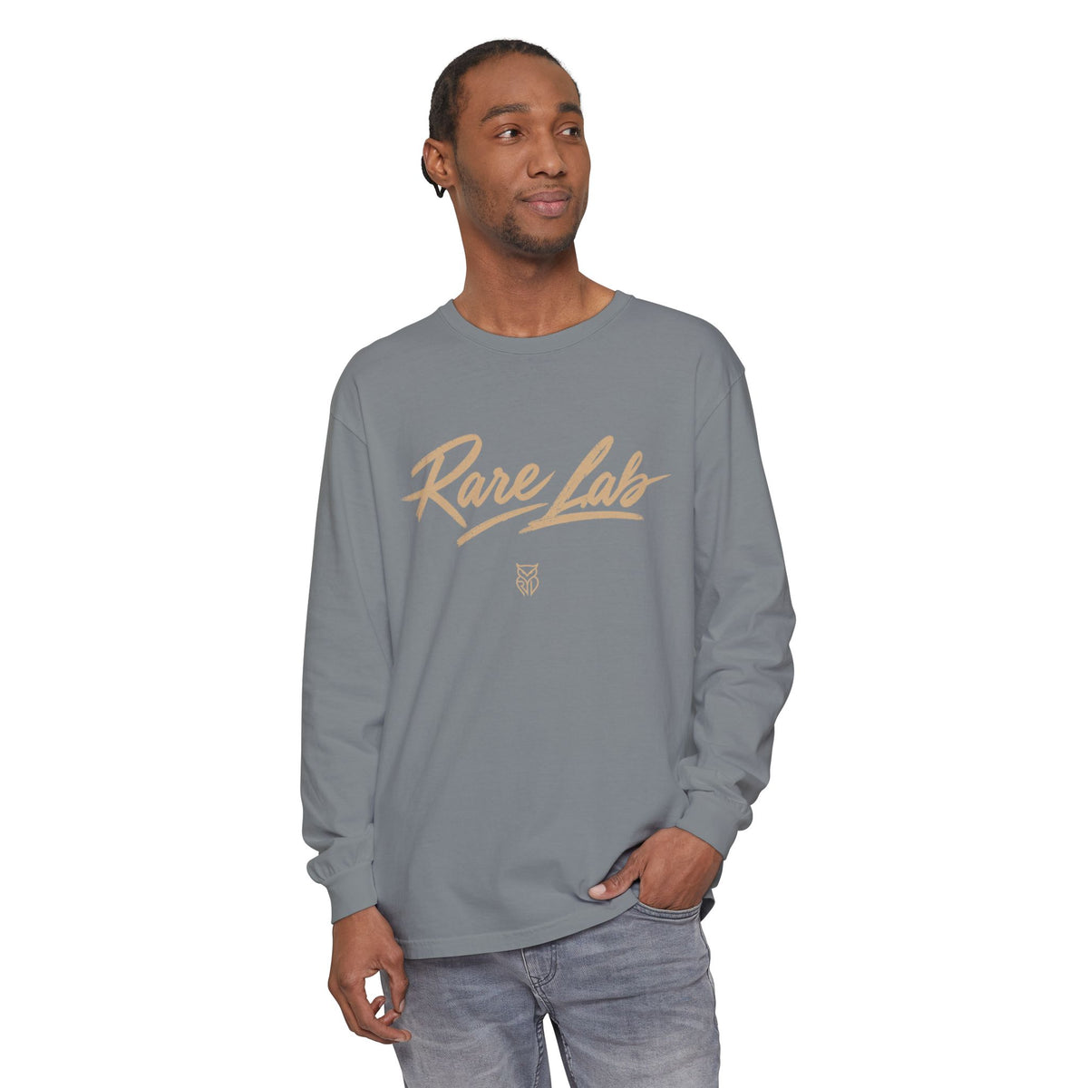 Rare Lab Script Logo garment-dyed long sleeve tee with the Rare Lab script logo