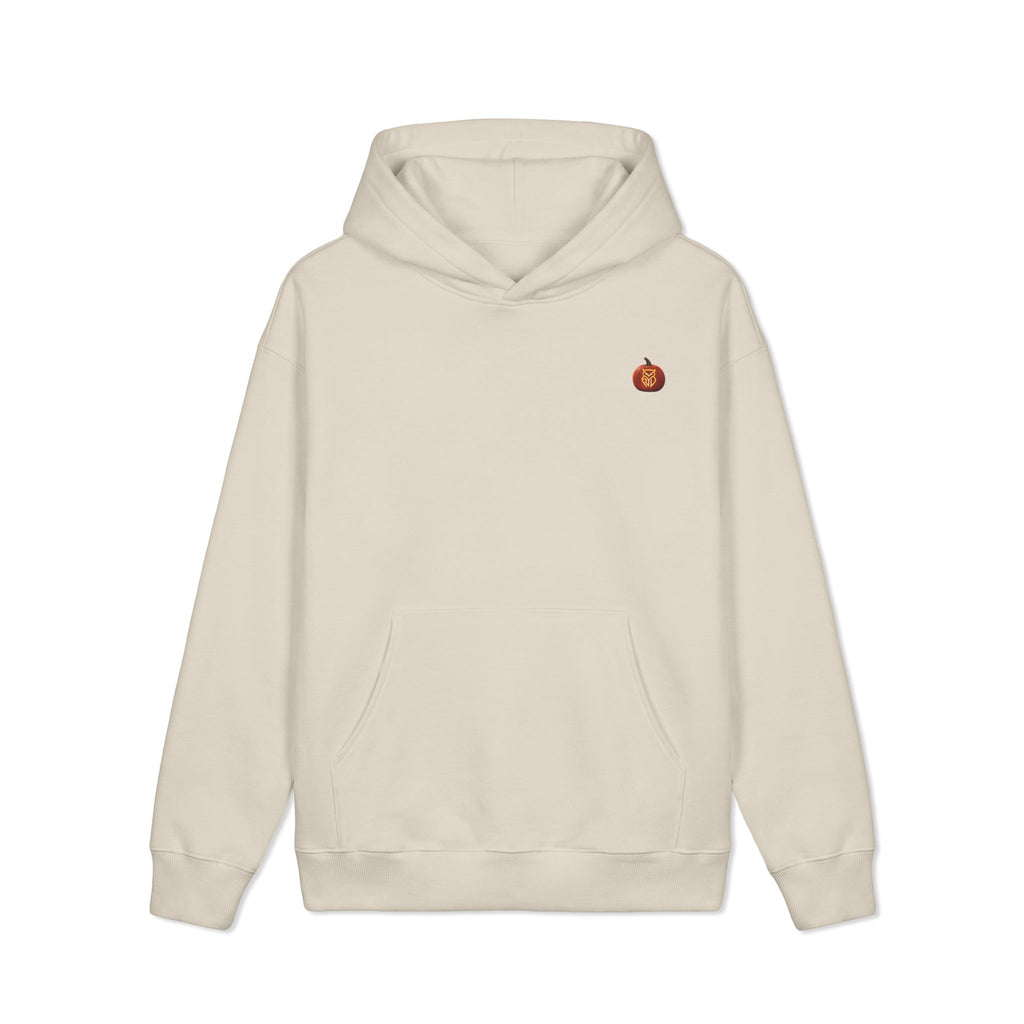 Rare Lab Owl Lantern heavyweight hoodie with a small glowing Rare Lab owl jack-o'-lantern logo on the chest