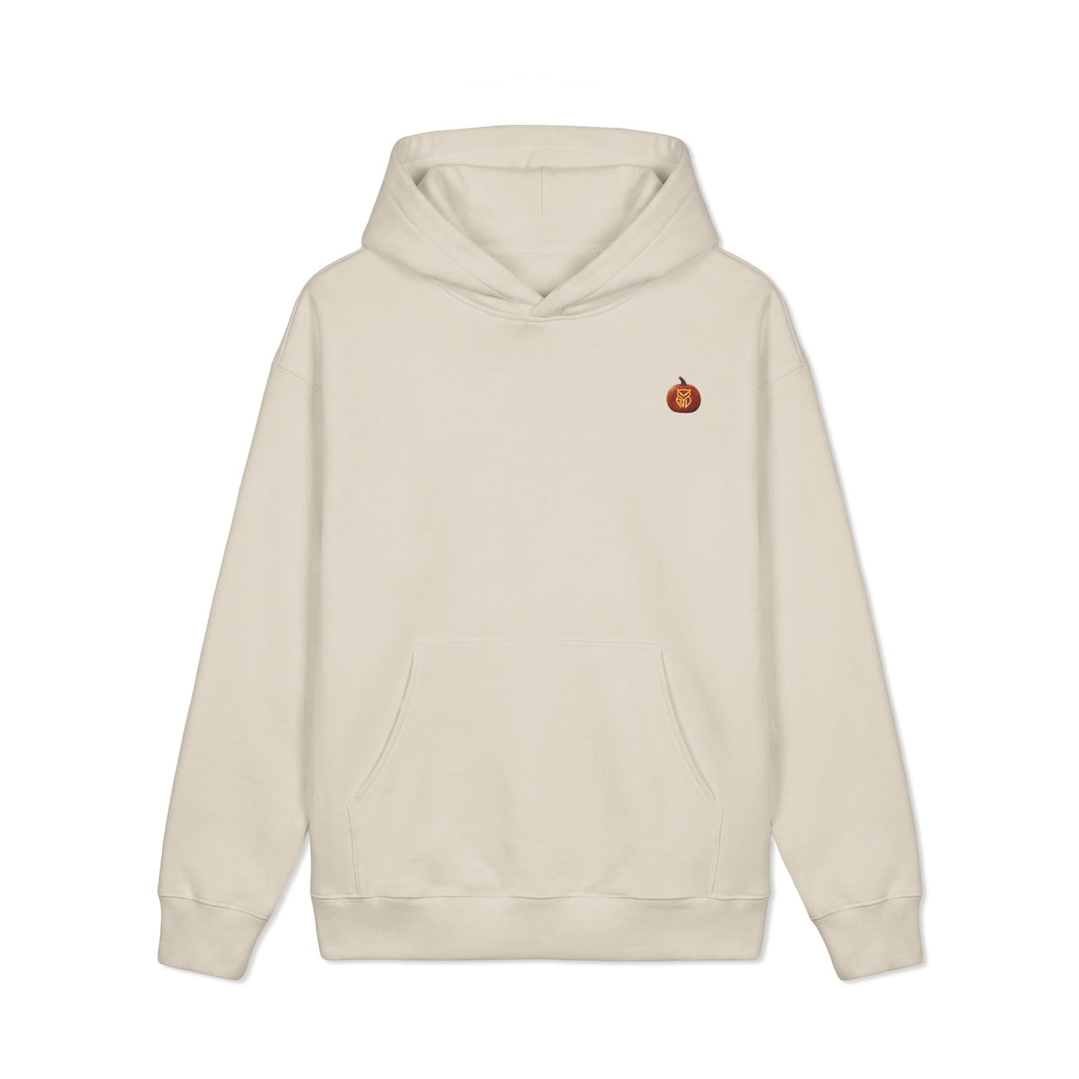 Rare Lab Owl Lantern heavyweight hoodie with a small glowing Rare Lab owl jack-o'-lantern logo on the chest