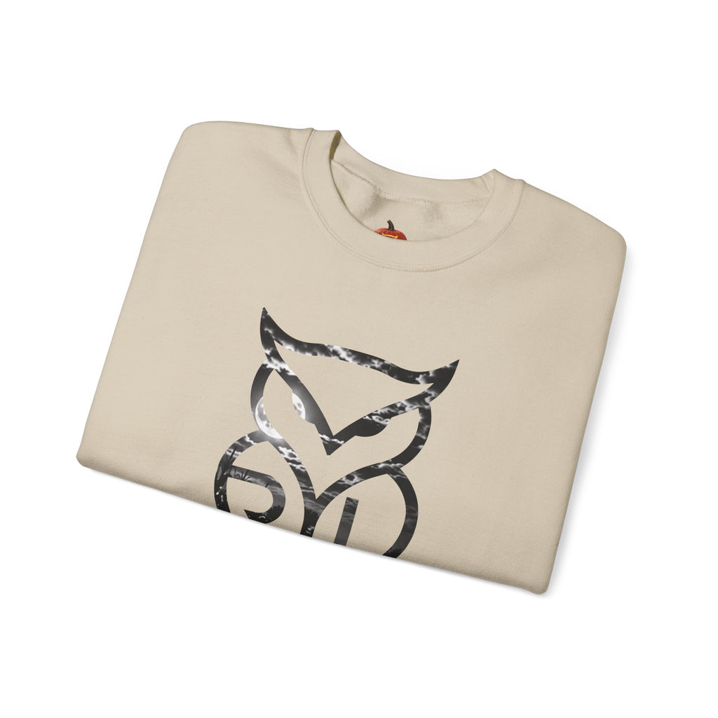 Rare Lab Owl Lantern crewneck sweatshirt: glowing Rare Lab owl jack-o'-lantern on the front, moonlit pumpkin patch scene on the back