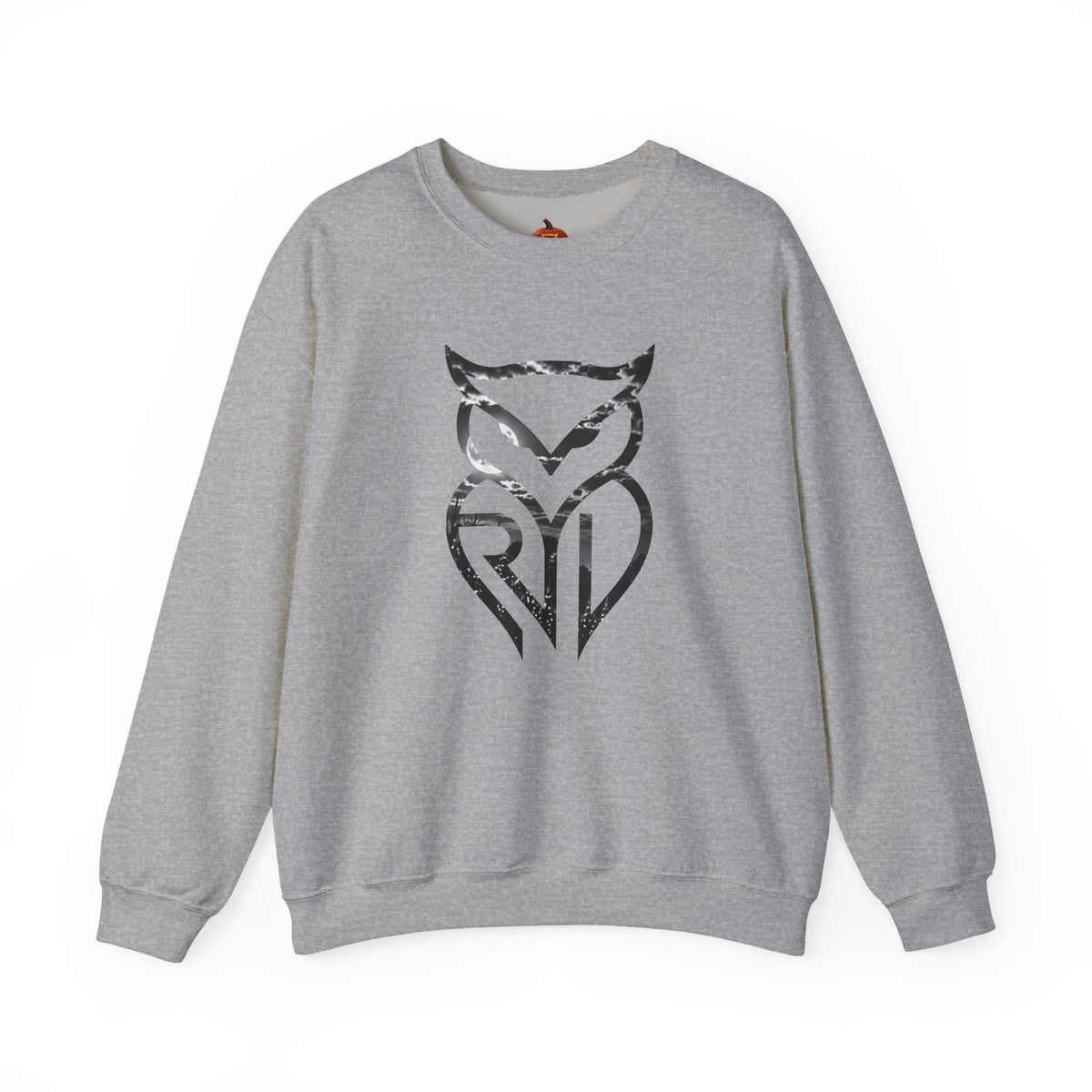 Rare Lab Owl Lantern crewneck sweatshirt: glowing Rare Lab owl jack-o'-lantern on the front, moonlit pumpkin patch scene on the back