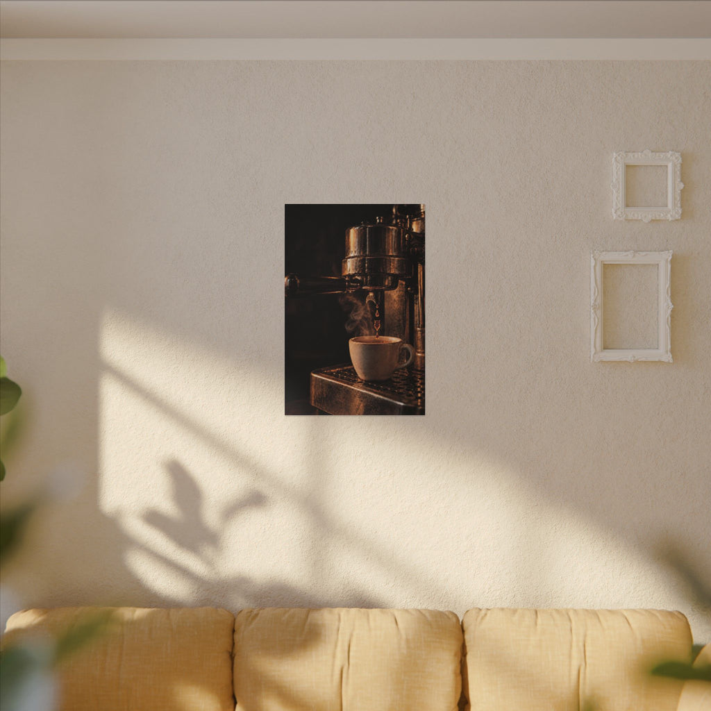 Rare Lab Drip espresso machine canvas: a slow espresso pour and a steaming cup in warm amber tones