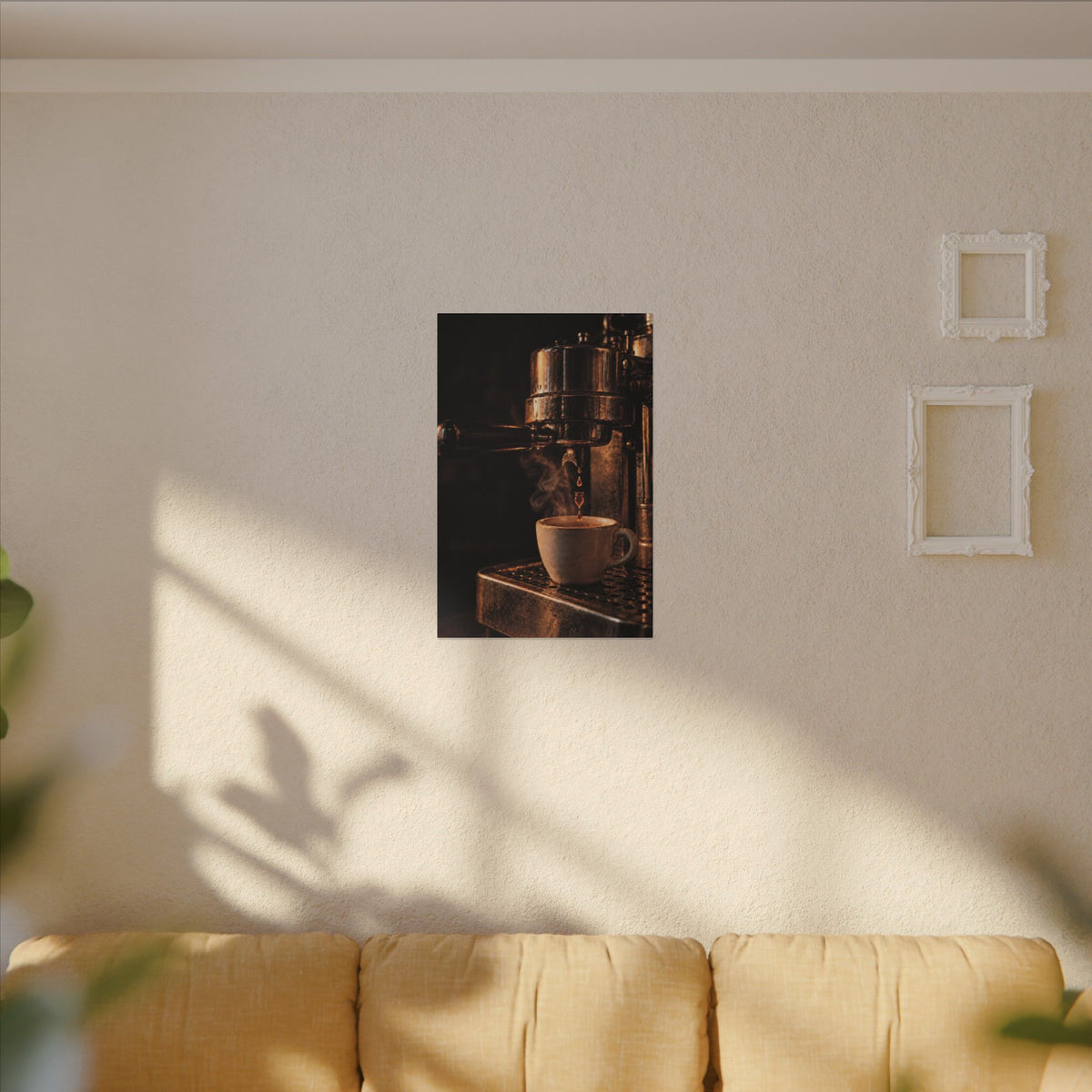 Rare Lab Drip espresso machine canvas: a slow espresso pour and a steaming cup in warm amber tones